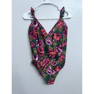 J Crew Emerald Green Bold Floral Ruffled Shoulder Swimsuit Size Large one Piece